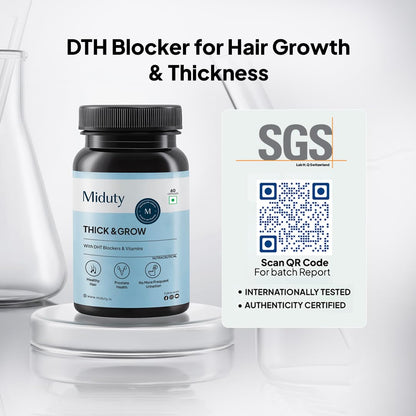 Miduty Thick & Grow Biotin Hair Supplement with DHT Blockers, Amino Acids, Vitamins & Minerals for Glowing Skin, Strong Hair & Nail- for Men & Women - 60 Veg Capsules