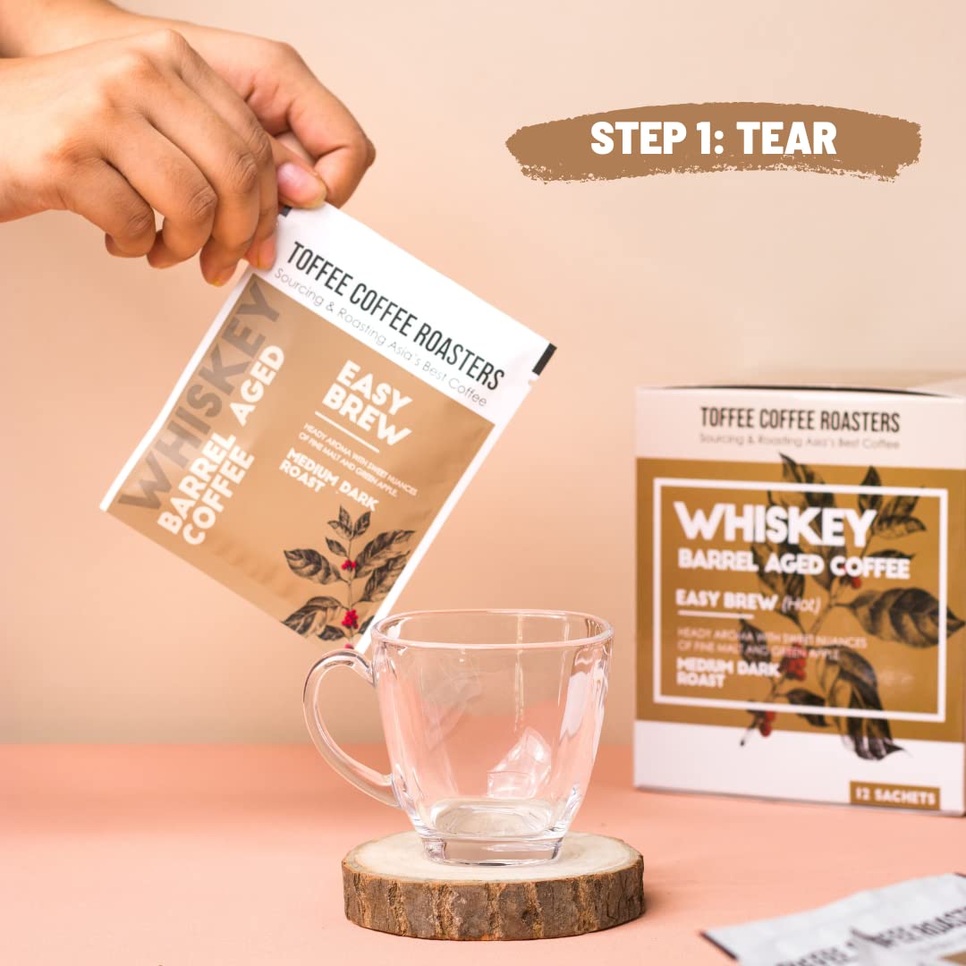 Toffee Coffee Roasters | Easy Brew (Hot Brew) Coffee | Single Malt Whiskey Barrel Aged Grounded Coffee | Pack of 8 Sachets | Medium Dark Freshly Roasted | Notes: Fine Malt & Green Apple