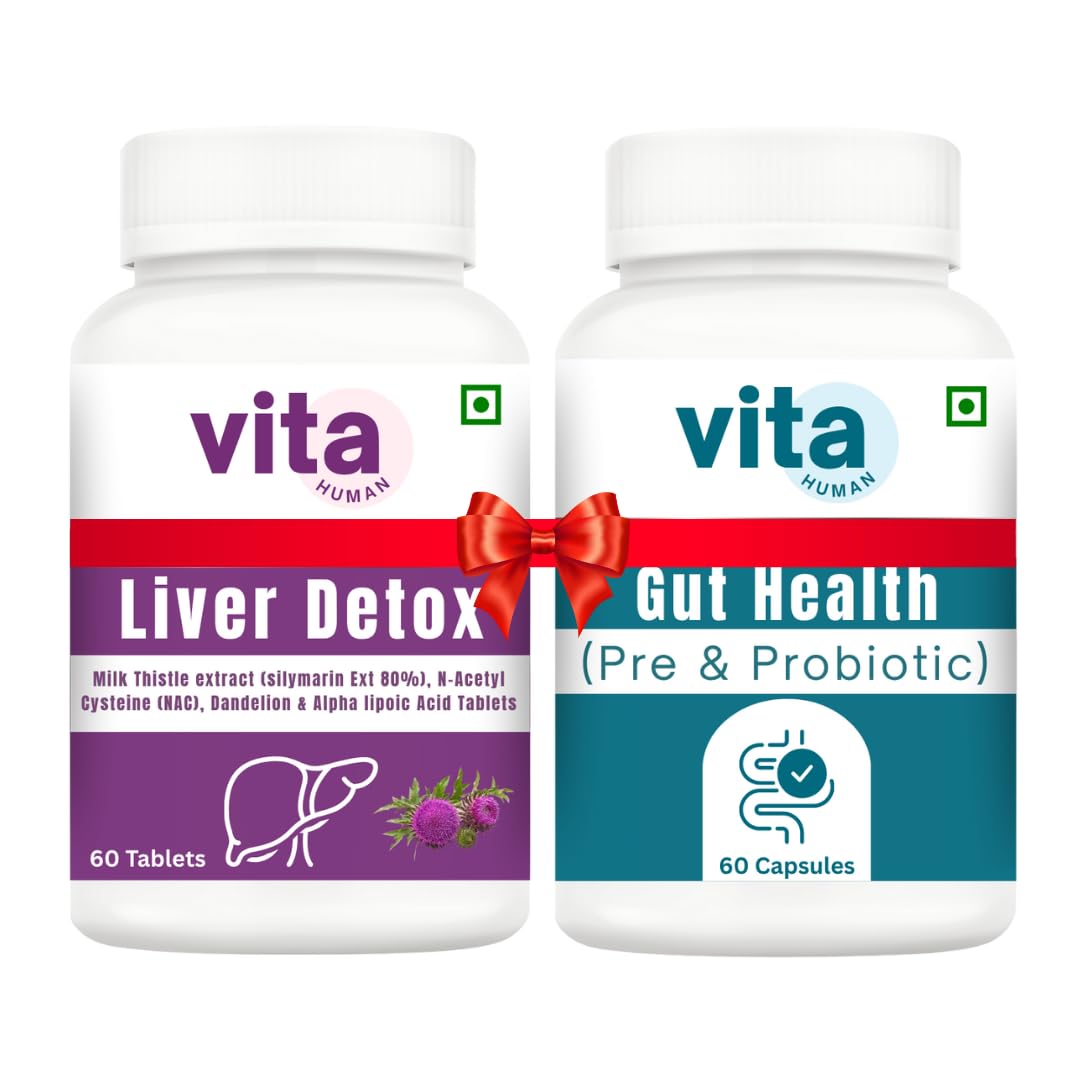 VitaHuman Liver Detox & Gut Health Combo | Milk Thistle (80% Silymarin), NAC, Dandelion + Pre & Probiotics | Supports Liver Cleanse, Digestion, Immunity & Metabolism
