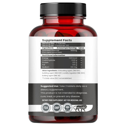 Raskam Activated Charcoal 600mg – Natural Detox & Digestive Cleanser | Supports Bloating Relief & Gas | 120 Vegan Tablets
