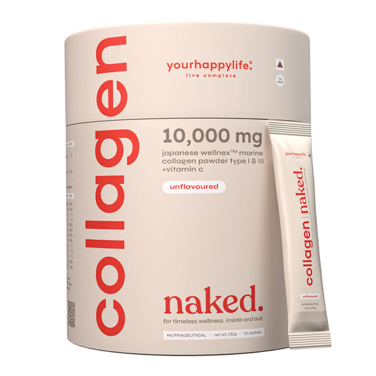 YourHappyLife Collagen Naked | Japanese Unflavored Marine Collagen Peptides Type 1 & 3 with Vitamin C for Men & Women For Skin, Joints, Hair & Nails | Hydrolyzed for Fast Absorption | 10,000mg Collagen + 80mg Vitamin C | Pack of 1 (250 gm)