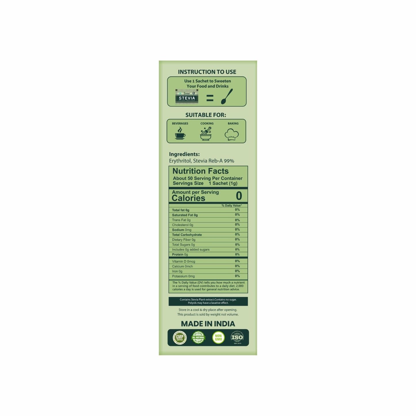 Zindagi Stevia Sugar Free Powder Sachets | 100% Natural & Diabetic Friendly Sweetener | Zero Calorie Sugar | 100 Sachets