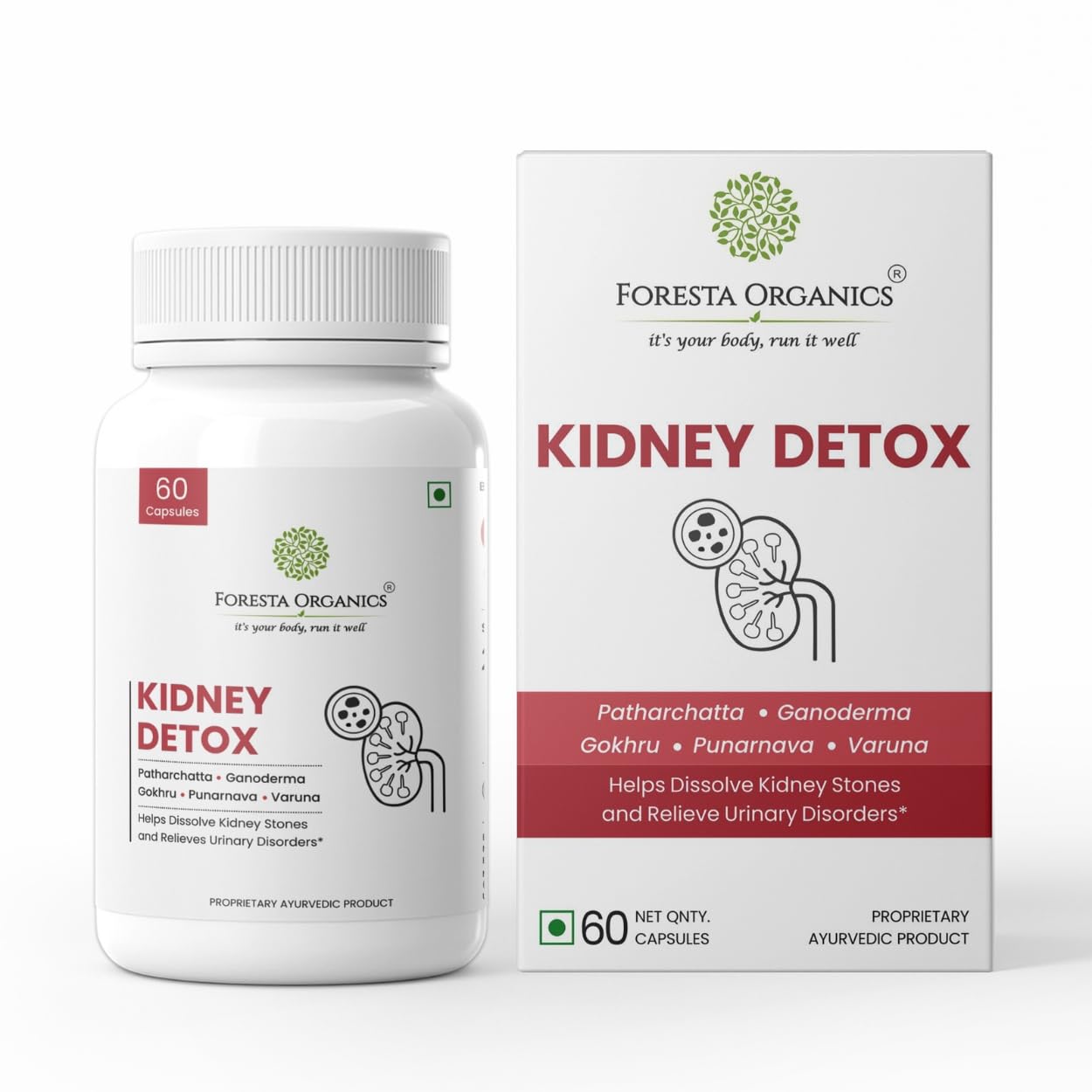 Foresta Organics Kidney Detox with Patharchatta Gokhru Punerneva Varuna Ganoderma | Dissolve Kidney Stones | Manage Creatinine Level | 60 Veg Capsules