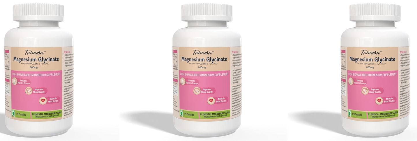 Tatanka Nutrition Magnesium Glycinate 600MG per serving Highly Bioavailable | Helps Sleep & Heart Rhythm Reduces Muscle Cramps | Vegeterian Health Supplement for Adult (120 Capsules) Pack of - 3