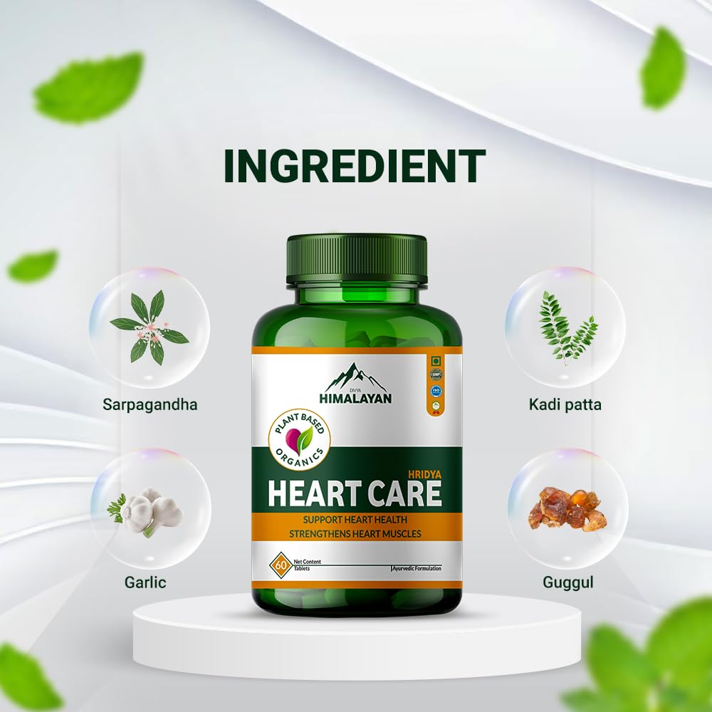 Divya Himalayan Plant-Based Heart Care Supplement, 60 Tablets, Cardiovascular Health, Cholesterol Support, CoQ10, Non-GMO, Vegan, Gluten-Free