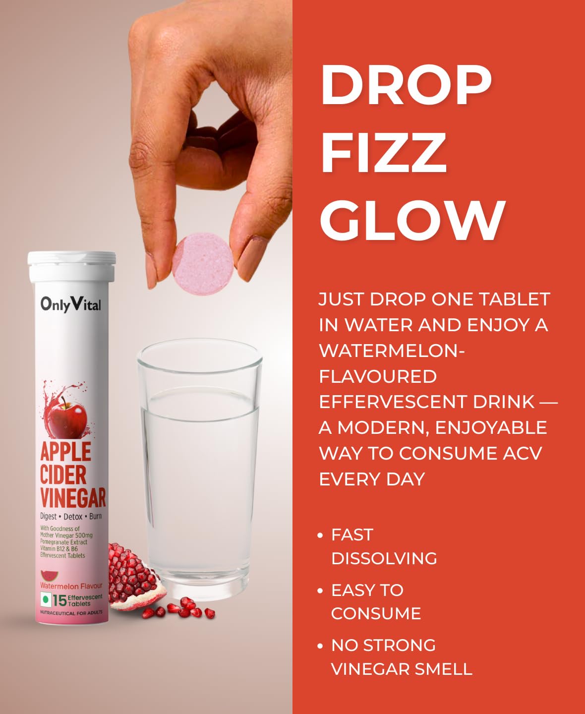 OnlyVital ACV Effervescent Tablets 500mg with Mother Vinegar, Pomegranate, Vitamin B12 & B6 | Digest & Metabolism Support | Watermelon
