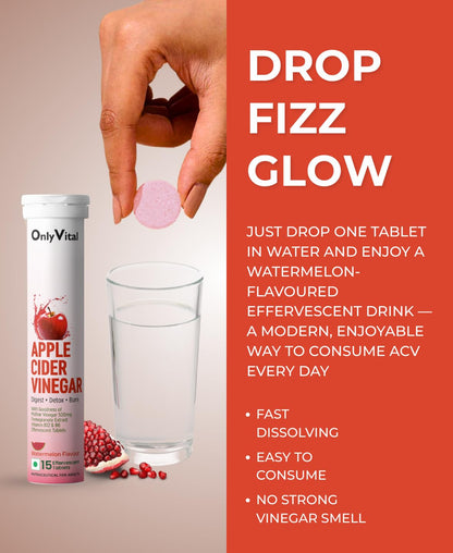 OnlyVital ACV Effervescent Tablets 500mg with Mother Vinegar, Pomegranate, Vitamin B12 & B6 | Digest & Metabolism Support | Watermelon