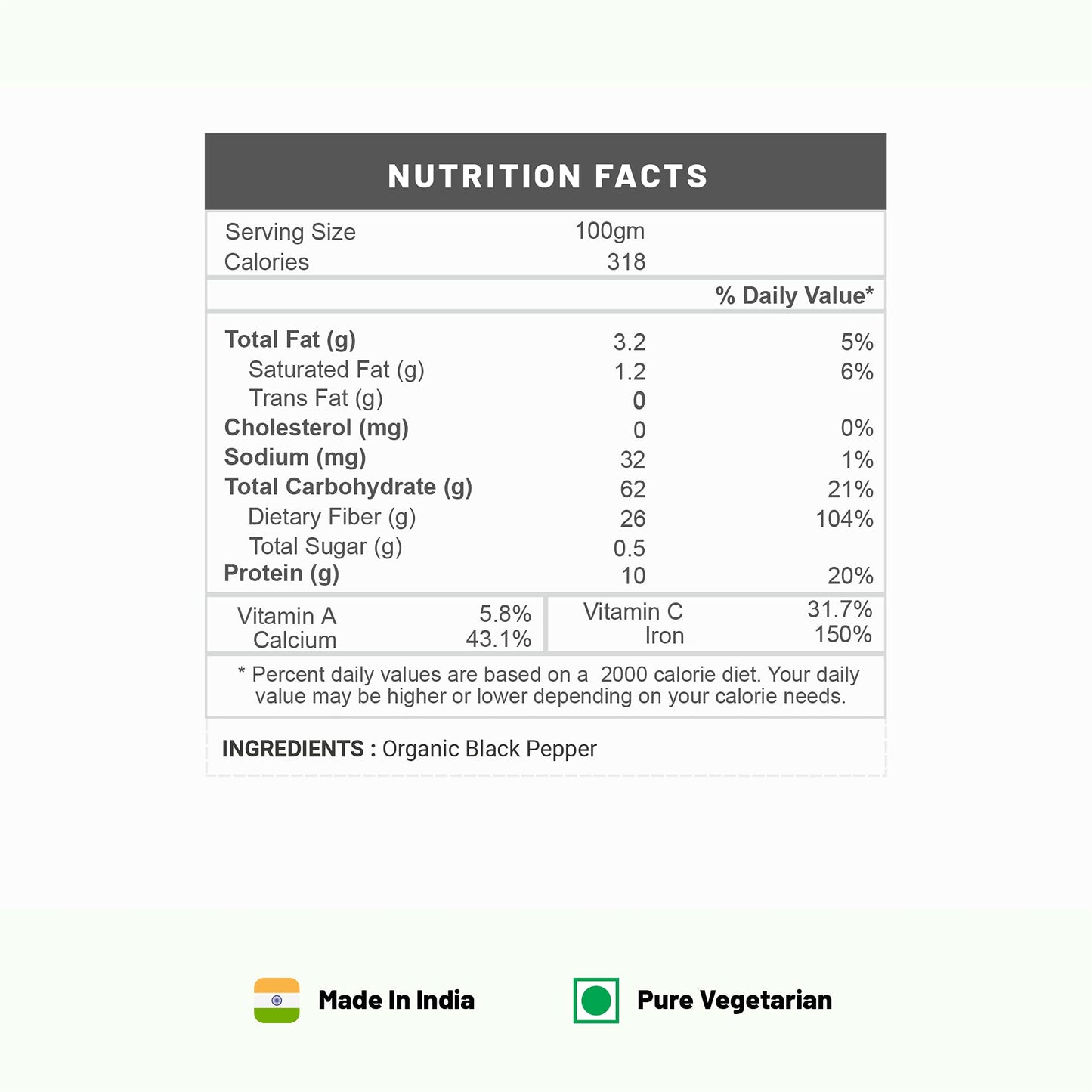 Pure Organio Organic Black Pepper Powder Kali Mirch Powder for Cooking, Salad Dressing, Vegetables - Fresh Ground Organic Spice NPOP Organic Certified (100 Gm)