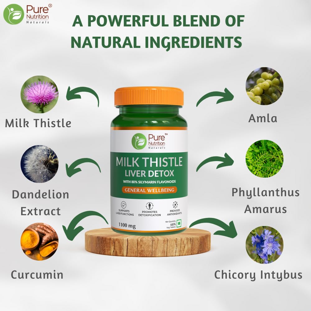 Pure Nutrition Milk Thistle Liver Detox Supplement - 180 Tablets with N-Acetyl L-Cysteine (NAC), Curcumin, Amla & Vitamin C | Supports Liver Health, Fatty Liver Care | Natural Detoxification Formula