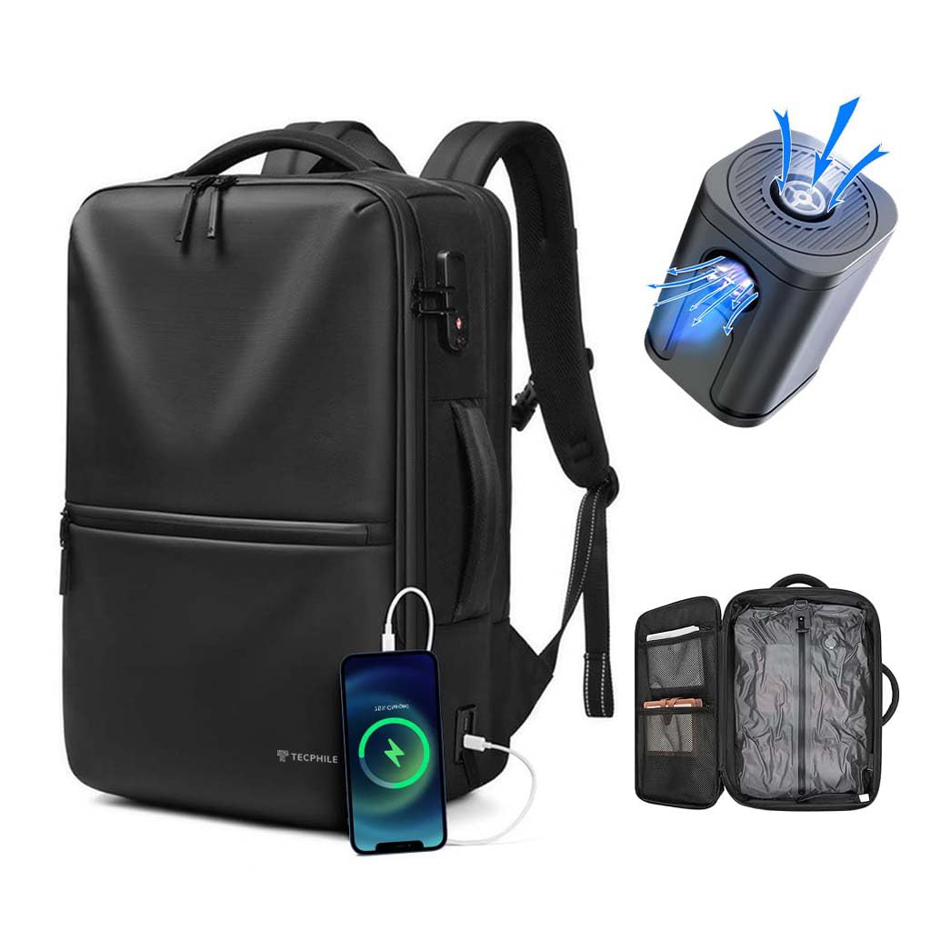 TECPHILE Vacuum Compression Backpacks Travel Bag for Men Smart Airpack 39-55L Expandable fit for 17" Laptop Bags Waterproof, Anti-Theft, TSA Lock, USB Port Carry-On Luggage for Airplane, Office