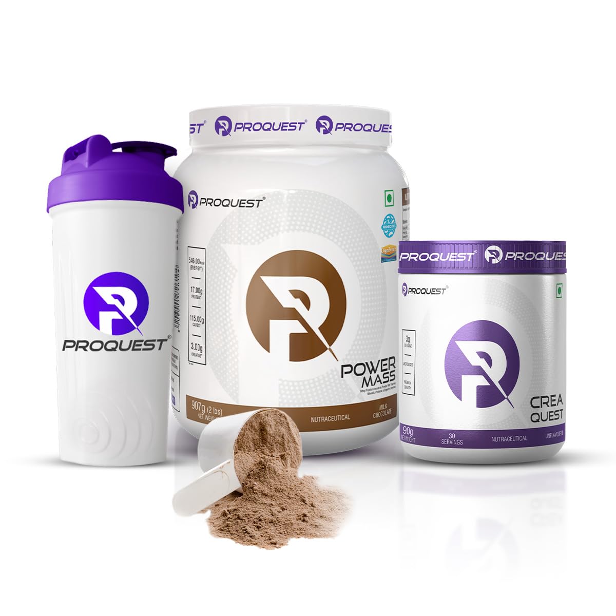 Proquest Power Mass Gainer Chocolate 907g + Creatine 90g + Free Shaker Combo | 546 kcal, 17g Protein, Digezyme® & Probiotics | Muscle Gain & Recovery Support
