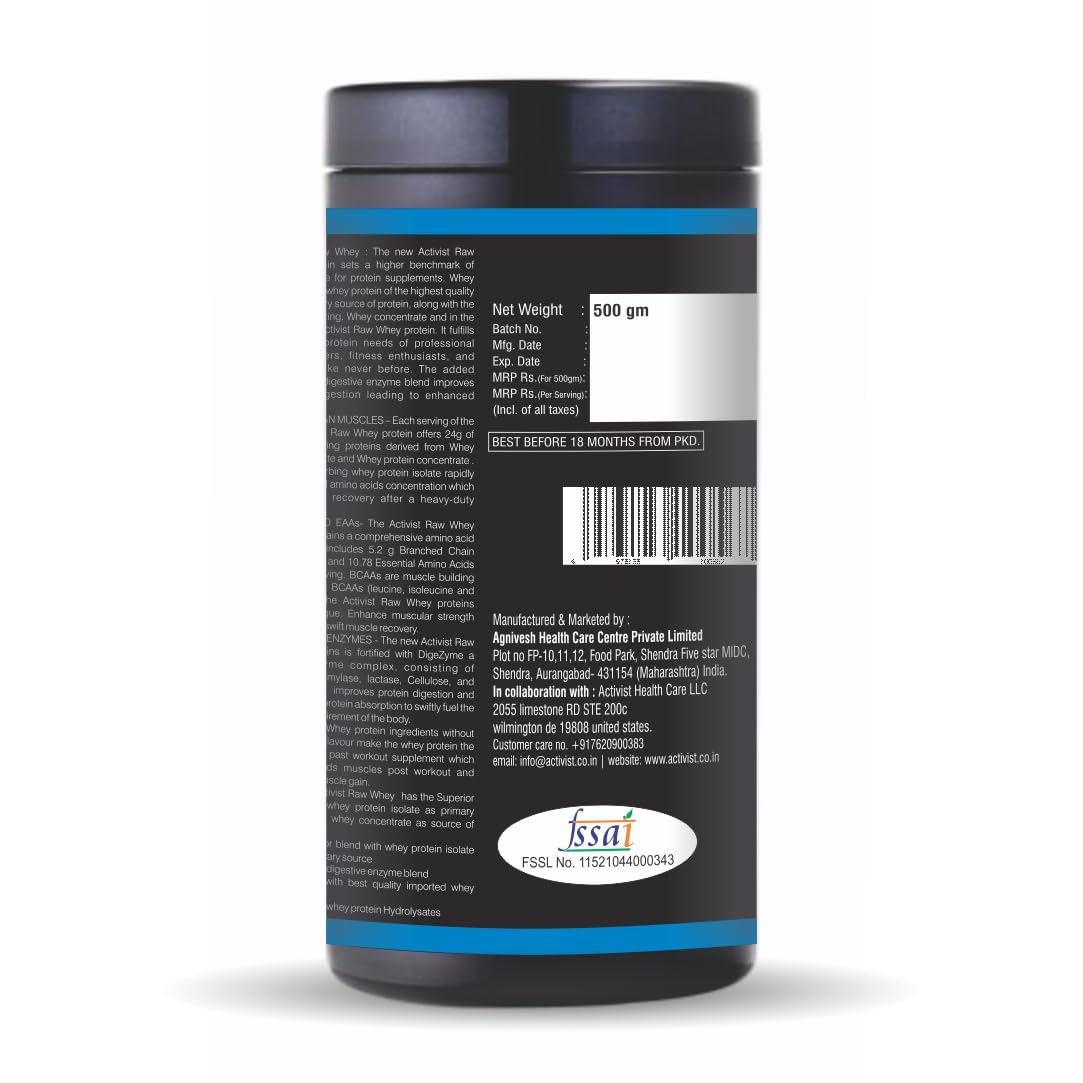 Activist Raw Whey Protein Concentrate Powder With Digestive Enzymes Protein Powder Supplement (Chocolate Flavour) (500g)