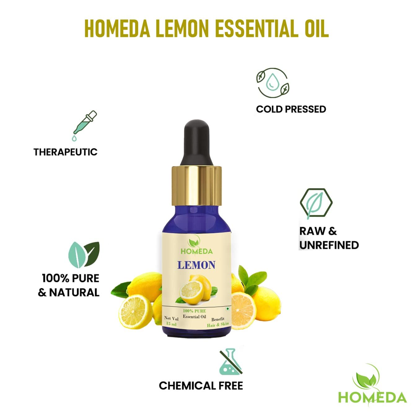 Homeda Lemon Essential Oils for Skin (100 ML), Lamon Essential Oil for Hair Care, Lemmon Cold Pressed, 100% Pure