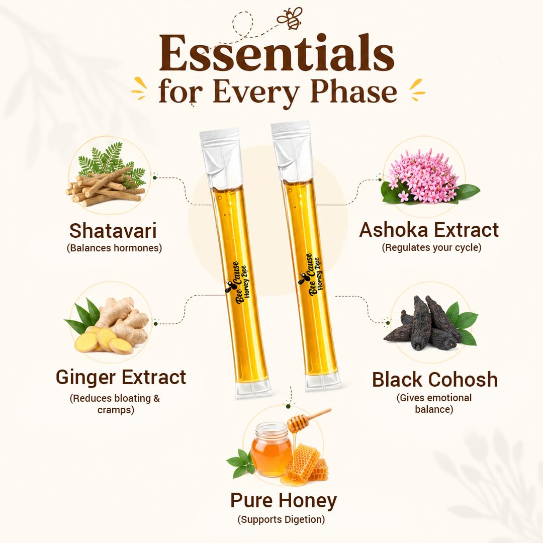 BeeCause HerHarmony Honey Zips for Women | Hormonal Balance Supplement Alternate with Shatavari, Ashoka, Ginger & Black Cohosh | Supports PCOS & Menstrual Wellness | Better Cycle, Ease Pain- 30 Sachets(240g)