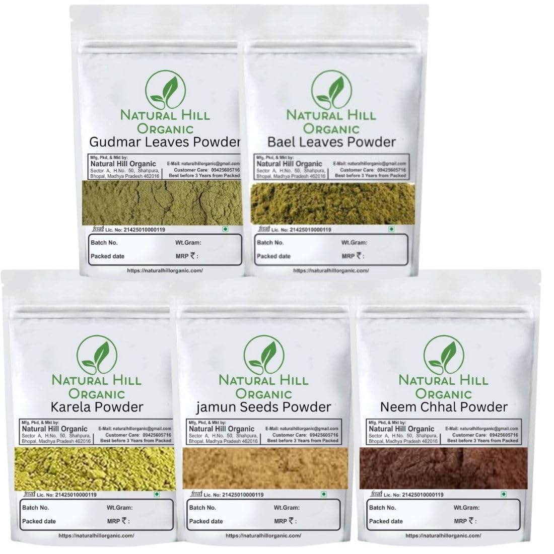 Natural Hill Organic Health Care Combo Powder|Jamun Seeds|Karela|Neem|Gudmar|Bel Patra |250g|Pack of 5|Herbal Plant Ingredient|Natural|No Preservative|जामुन|करेला|नीम| गुड़मार |बेल पत्र पाउडर