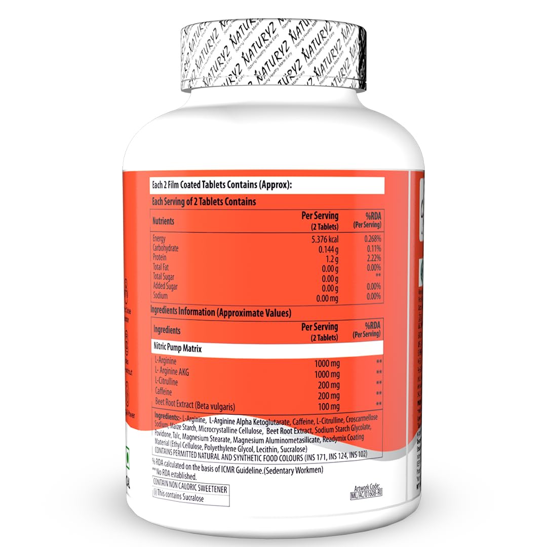 NATURYZ Nitric Pump 2500 Mg Extra Strength L-Arginine | L Citrulline | Caffeine | Boosts Stamina | Energy | Increases Blood Flow | Improves Performance | Ideal Pre-workout Supplement for Men & Women - 90 Tablets
