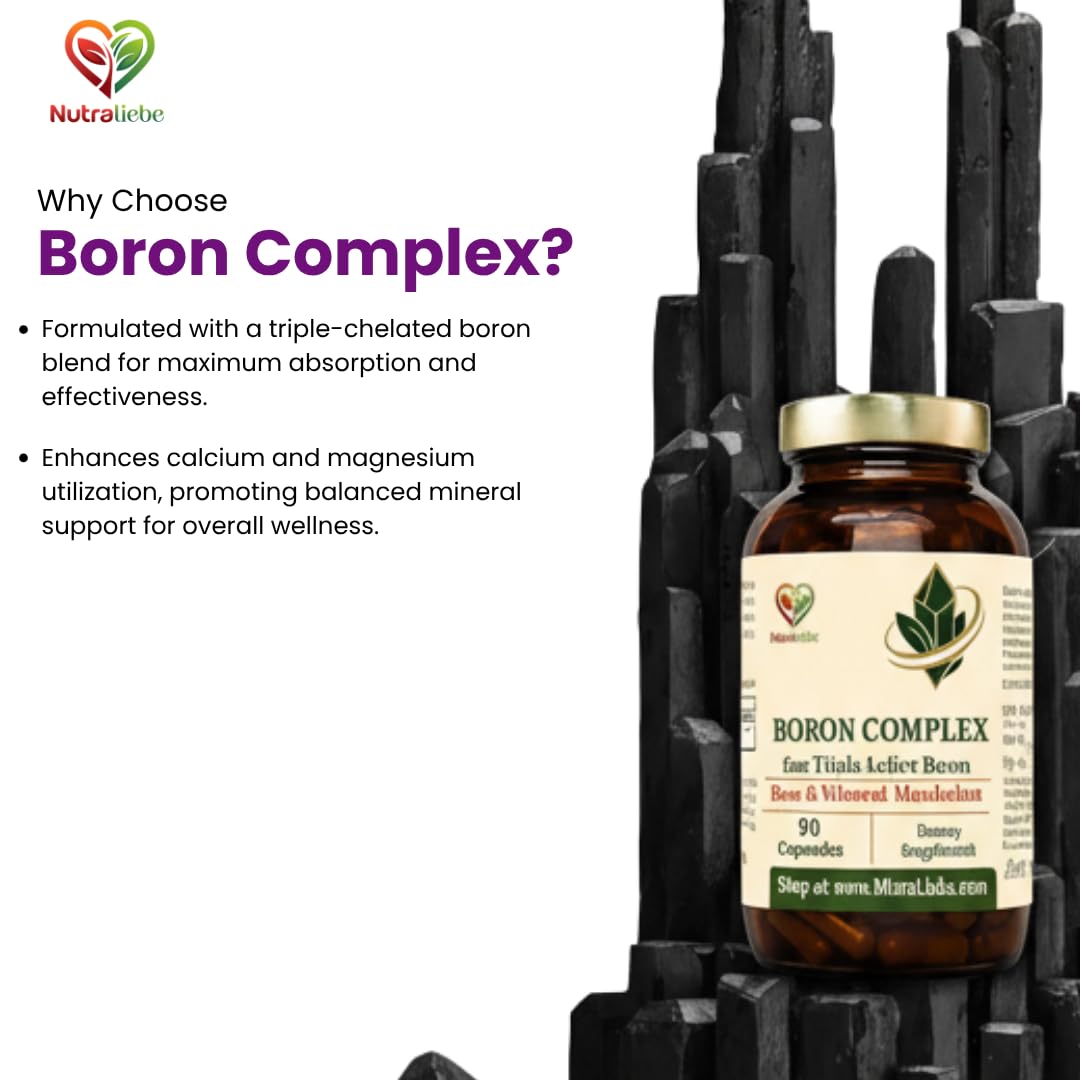 NutraLiebe Boron Complex 6 mg – High Absorption Boron (as Glycinate, Citrate & Aspartate Chelates) | Supports Bone, Joint & Hormonal Health | Enhances Calcium & Magnesium Utilization | 90 Veg Capsules | Non-GMO & Gluten-Free