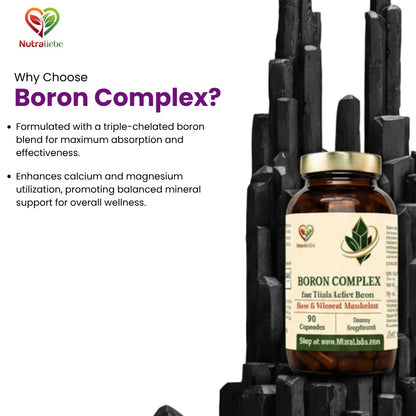 NutraLiebe Boron Complex 6 mg – High Absorption Boron (as Glycinate, Citrate & Aspartate Chelates) | Supports Bone, Joint & Hormonal Health | Enhances Calcium & Magnesium Utilization | 90 Veg Capsules | Non-GMO & Gluten-Free