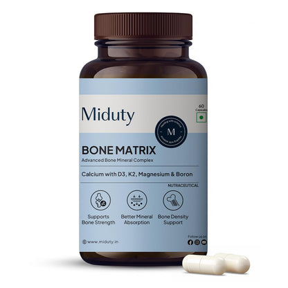 Miduty Bone Matrix – Advanced Calcium Citrate with Vitamin D3 & K2 – Chelated Magnesium, Zinc & Boron – 11-Nutrient Complete Bone Support Formula for Men & Women – 60 Veg Capsules