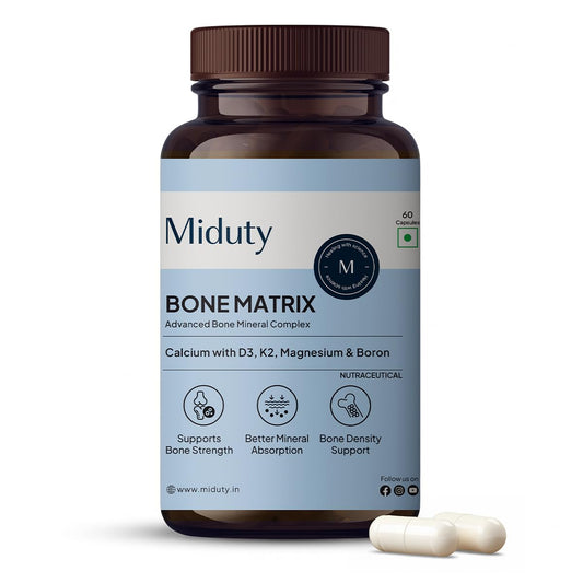 Miduty Bone Matrix – Advanced Calcium Citrate with Vitamin D3 & K2 – Chelated Magnesium, Zinc & Boron – 11-Nutrient Complete Bone Support Formula for Men & Women – 60 Veg Capsules