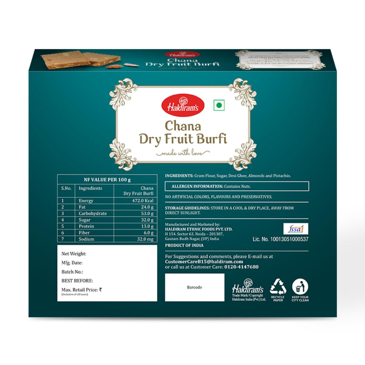 Haldiram's Chana Dry Fruit Burfi 500g | Indian Sweets Diwali Gift Pack | Fresh Product | Made in Desi Ghee