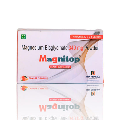 Magnitop Magnesium Health Supplement Bis-glycinate 340 mg Powder Pack of 30 Sachets Orange Flavour