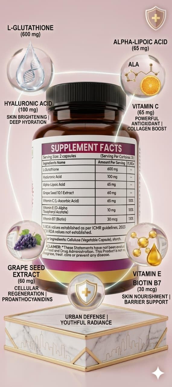 Nutriwin L-Glutathione Capsules with Hyaluronic Acid, Alpha-Lipoic Acid, Grape Seed Extract & Vitamin C | Skin Brightening & Antioxidant Support | 60 Veg Capsules