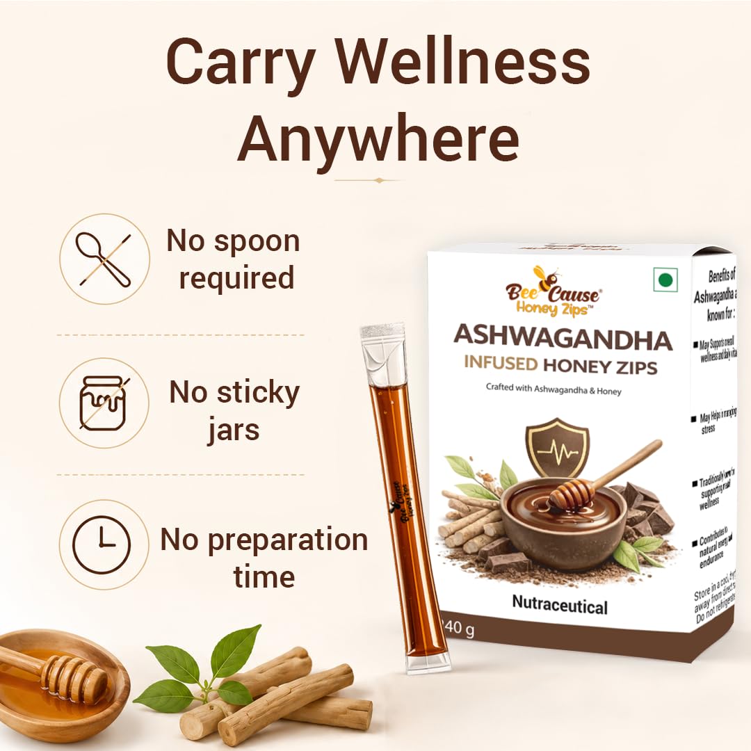BeeCause Ashwagandha Infused Honey Zips (30 Zips) | Ayurvedic Stress Relief Honey | Ashwagandha Honey Sticks for Relaxation, Focus, Energy, Stamina & Immunity | Travel Friendly | 240g