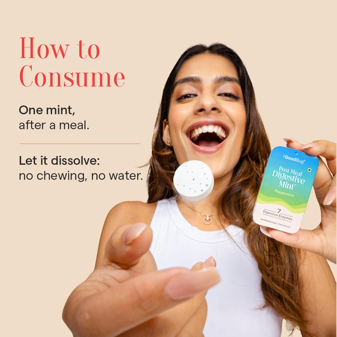 The Good Bug Post Meal Digestive Mints – Peppermint | Post Meal Digestion Booster | 7 Digestive Enzymes | Helps Reduce Post-Meal Heaviness, Bloating, Acidity & Discomfort | No Added Sugar | 28 Mints (14 x 2 Packs) (Pack Of 2, Peppermint)