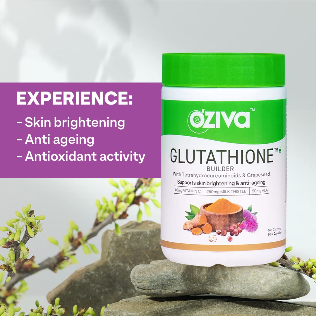 OZiva Plant Based Glutathione Builder | Glutathione Tablets for Skin Glow & Anti-Ageing | Sugar free, Antioxidant Glutathione supplements with Grapeseed, Vitamins C & E, Selenium, 60 Veg Capsules