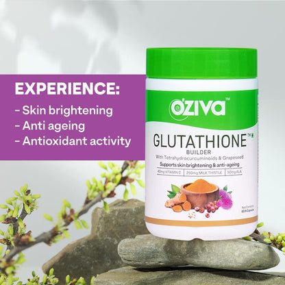 OZiva Plant Based Glutathione Builder | Glutathione Tablets for Skin Glow & Anti-Ageing | Sugar free, Antioxidant Glutathione supplements with Grapeseed, Vitamins C & E, Selenium, 60 Veg Capsules