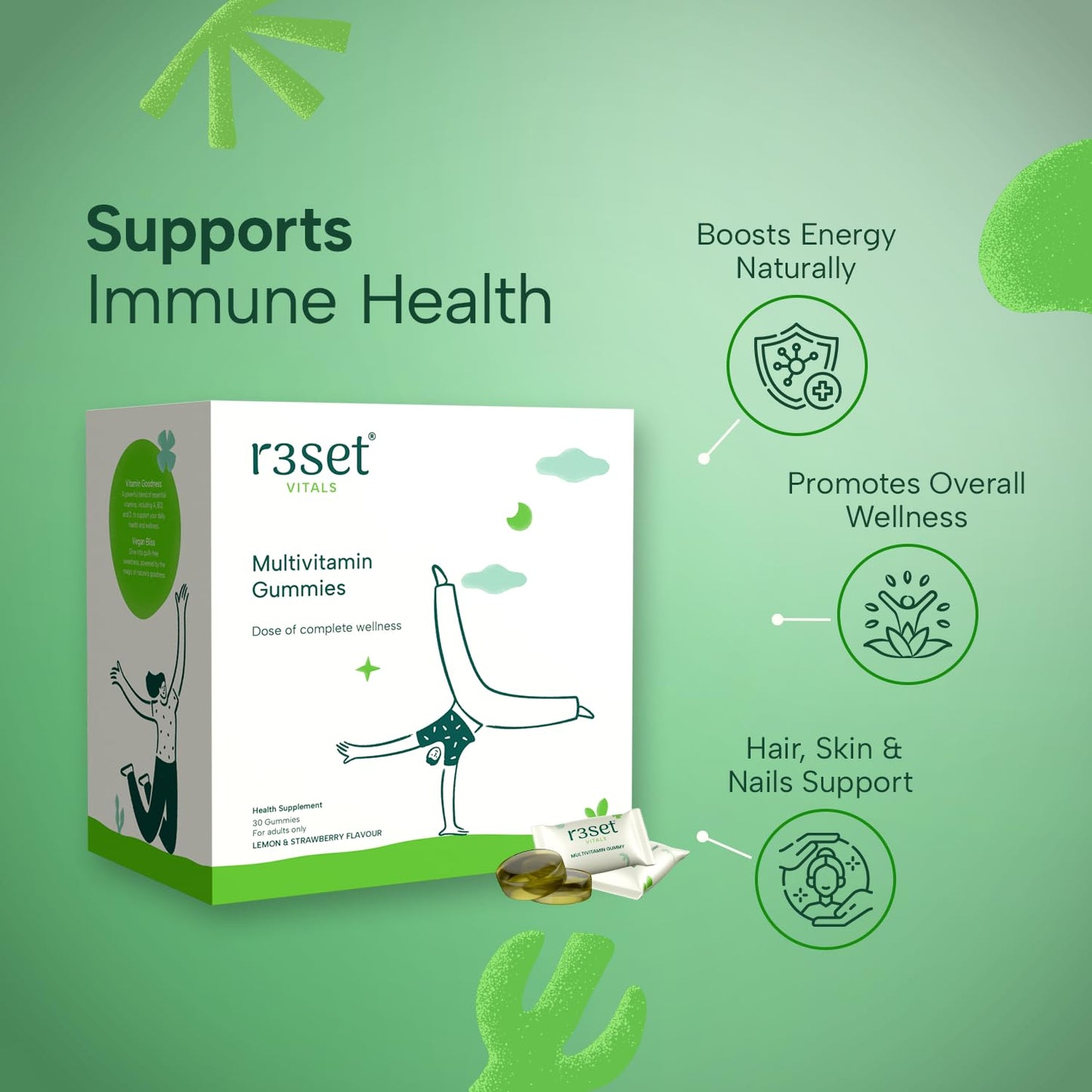 R3SET Multivitamin Gummies for Men & Women | Boosts Immunity, Energy & Stamina | Fills Daily Nutritional Gaps | 100% Vegetarian, No Added Sugar | Vitamins A, C, D, E & Zinc for Overall Health – 30 Gummies