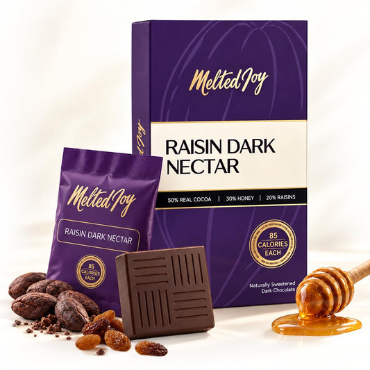 Melted Joy Raisin Dark Nectar | Honey-Sweetened Dark Chocolate with Juicy Raisins | No Refined Sugar, No Additives, No Preservatives, No Hydrogenated Oil, No Palm Oil | Portion-Controlled 13g Bites | Diabetic-Friendly, No Sugar Spikes | Lab-Tested for Hea