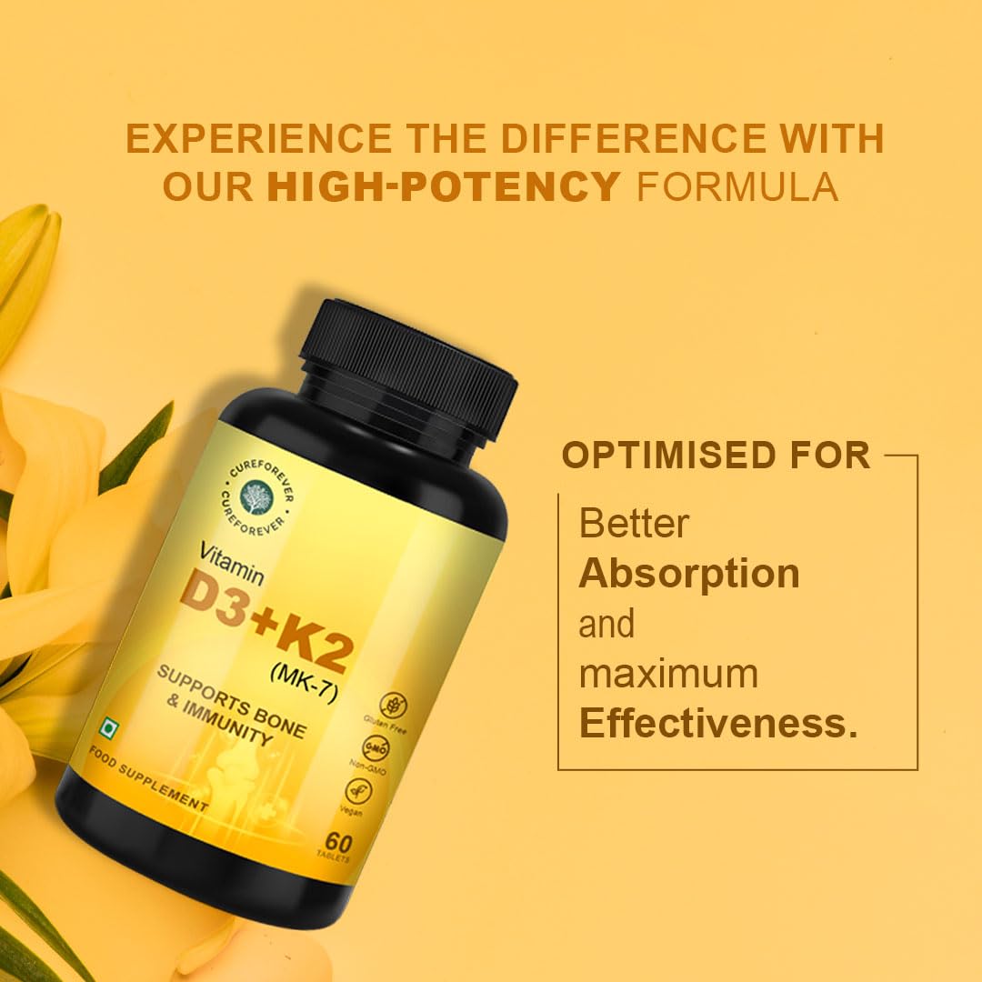 CUREFOREVER Vitamin D3 + K2 (MK-7) Tablets - Vegan Vitamin D Supplement Supports Bone & Immunity, Vitamin D3 K2 for Men & Women | High Absorption Vitamin D Tablets, 60 Days Serving
