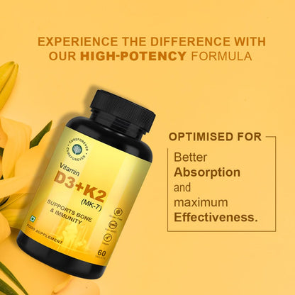 CUREFOREVER Vitamin D3 + K2 (MK-7) Tablets - Vegan Vitamin D Supplement Supports Bone & Immunity, Vitamin D3 K2 for Men & Women | High Absorption Vitamin D Tablets, 60 Days Serving