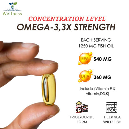 Gentech Wellness Omega 3 Fish Oil 1250mg Softgel Capsules with EPA & DHA – Triple Strength Omega 3 Supplement for Heart Health, Brain Function, Joint Support, Cholesterol & Skin Care – 30 Softgels.