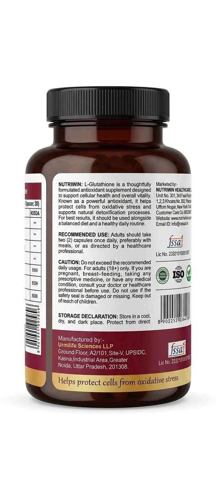 Nutriwin L-Glutathione Capsules with Hyaluronic Acid, Alpha-Lipoic Acid, Grape Seed Extract & Vitamin C | Skin Brightening & Antioxidant Support | 60 Veg Capsules