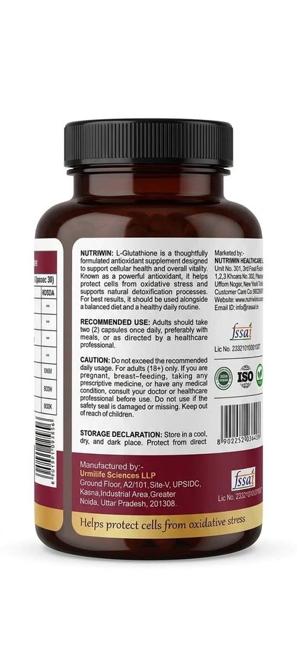 Nutriwin L-Glutathione Capsules with Hyaluronic Acid, Alpha-Lipoic Acid, Grape Seed Extract & Vitamin C | Skin Brightening & Antioxidant Support | 60 Veg Capsules