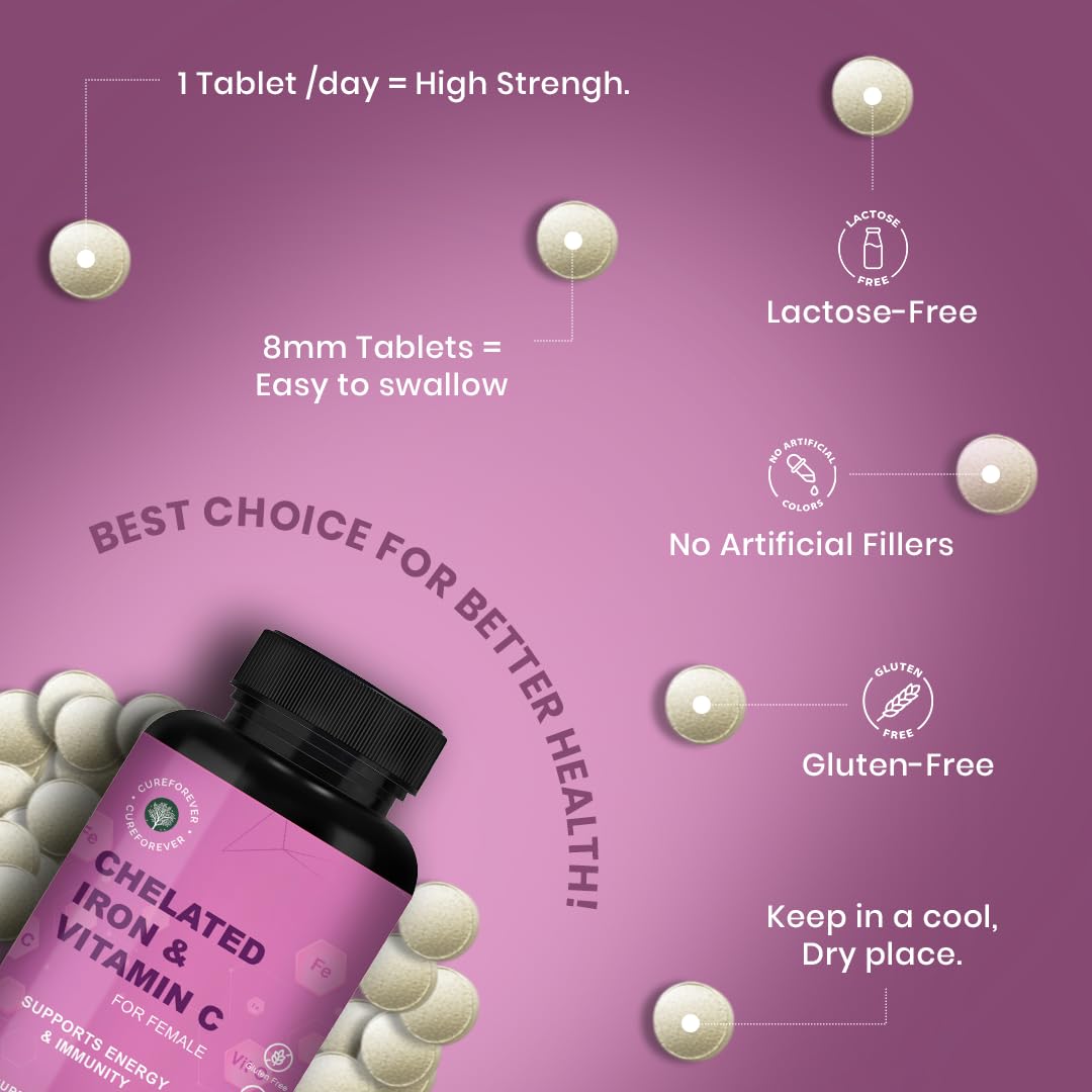 CUREFOREVER Iron Tablets for Women with Vitamin C – High Absorption Chelated Iron Supplement for Hemoglobin, Anemia, Energy & Fatigue Support – 60 Veg Tablets