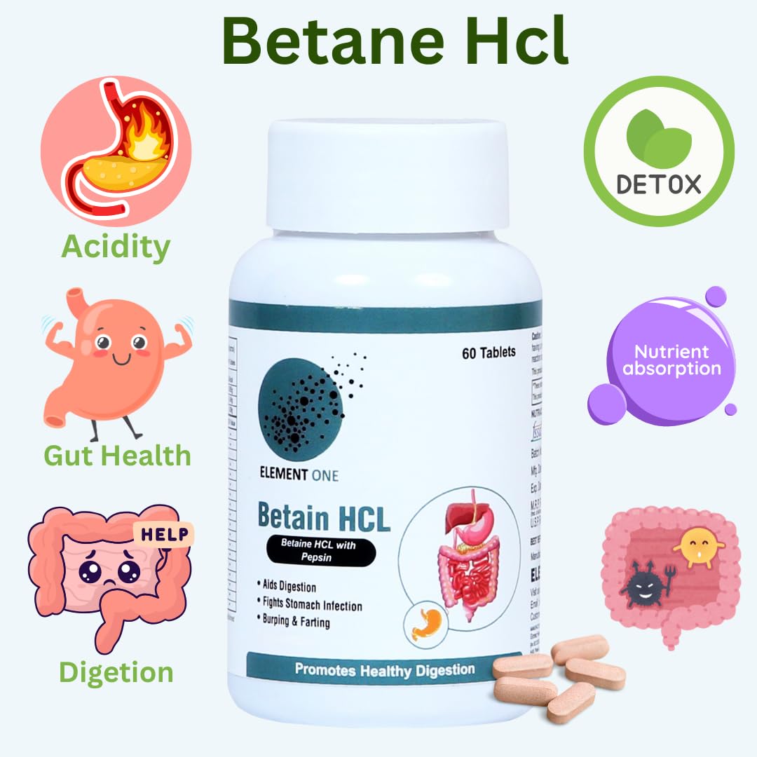 Vegetarian Betaine HCL with Pepsin | Stomach Acid Balance & Digestive Enzyme Support | Helps in Acidity, Bloating, Indigestion & Nutrient Absorption | Gut Health Support | 120 Veg Tablets in Pack of 2