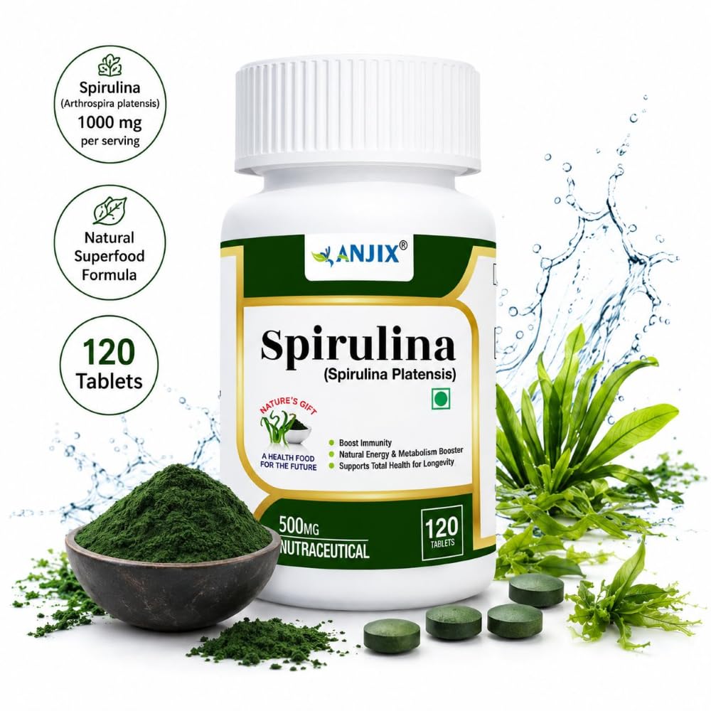 ANJIX Spirulina Tablets 500 mg | Plant Based Superfood Supplement for Energy Immunity & Daily Wellness | Vegetarian Tablets Pack of 120