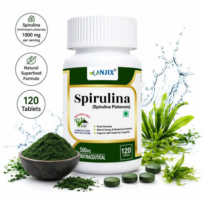 ANJIX Spirulina Tablets 500 mg | Plant Based Superfood Supplement for Energy Immunity & Daily Wellness | Vegetarian Tablets Pack of 120