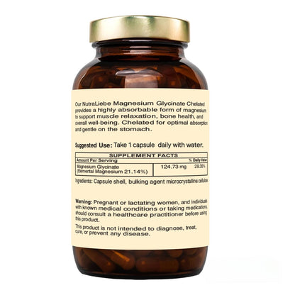 NutraLiebe Magnesium Glycinate Chelated - High Absorption - Supports Muscle Relaxation, Bone Health & Sleep - 90 Capsules (1)
