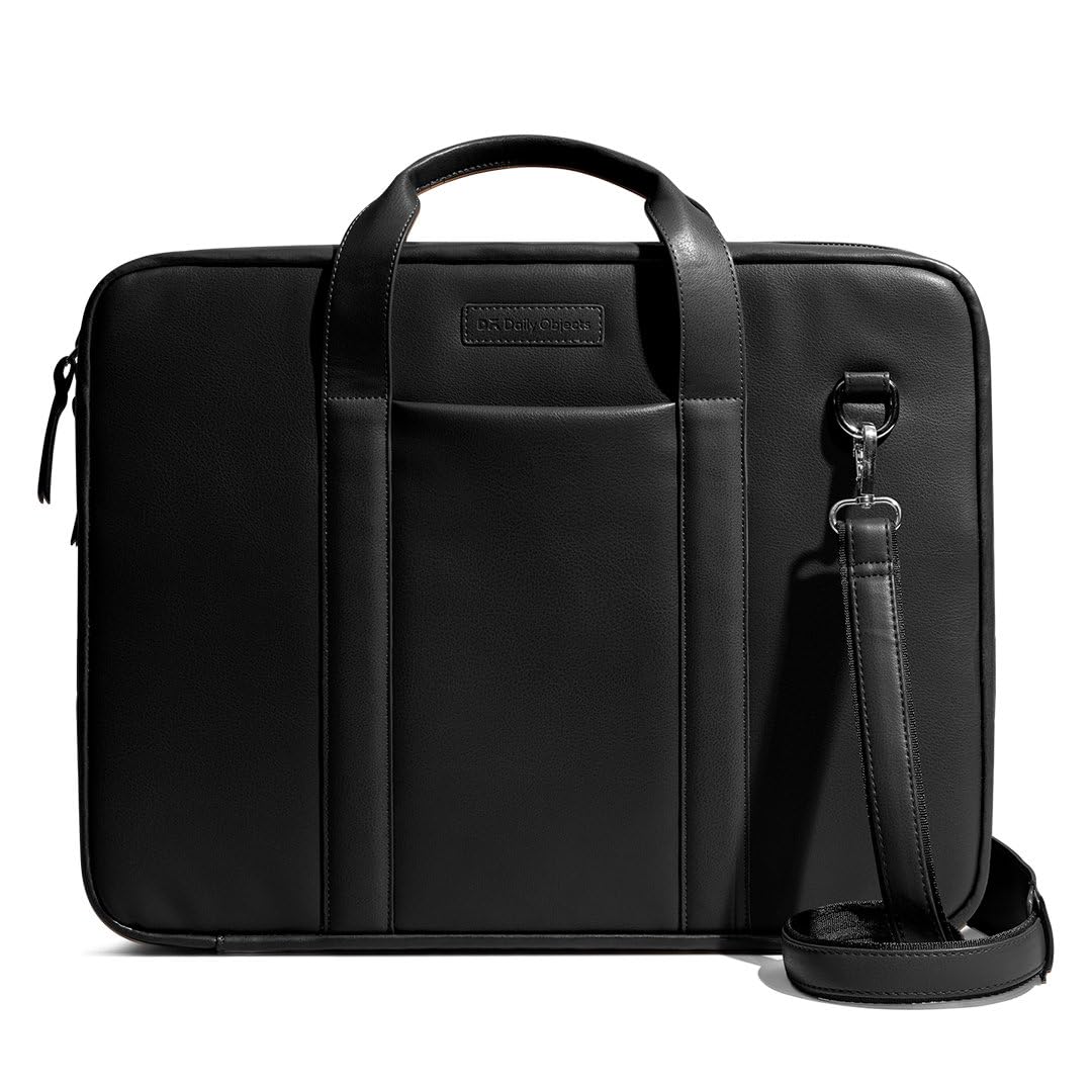 DailyObjects Unisex Black Urban Classic Briefcase Vegan Leather Laptop Messenger Bag (13L) Adjustable Straps, Zip Closure Slip Pockets, Detachable Carry Pouch And A Large Storage For 14 Inch Laptops