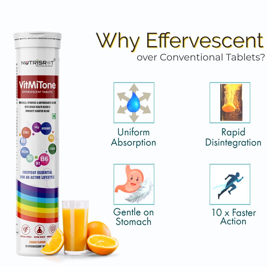 NUTRISROT VitMiTone MultiVitamin Effervescent Tablets with Vitamins A, B1, B2, B3, B5, B6, Biotin, Folate, B12, C, D3, K2-7 | Minerals like Calcium, Magnesium, Iron & Zinc | Antioxidants, Immunity Booster & Brain Health Blend in Orange Flavour (40 tablets