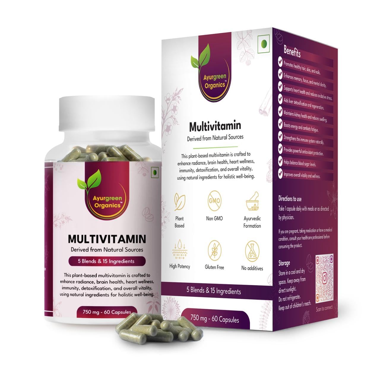 Ayurgreen Organics Multivitamin 750mg | 60 Veg Capsules | 5 Blends with 15 Natural Ingredients | Plant-Based Ayurvedic Formula | Non-GMO, Gluten-Free, No Additives, High Potency