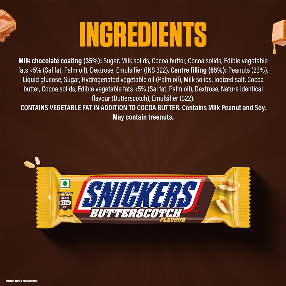 Snickers Butterscotch Flavoured Chocolate Bar | Loaded with Crunchy Peanuts, Nougat & Caramel | Irresistibly Nutty Chocolate Bar | 40g | Pack of 10