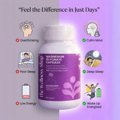 The Wellness Shop Magnesium Glycinate Capsules | High Absorption Supplement | Supports Better Sleep Stress Relief Muscle Recovery and Nerve Health | Helps with Cramps and Relaxation | 90 Veg Capsules