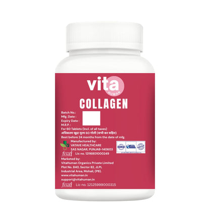 Vitahuman Hydrolyzed Marine Collagen Type 1 & 3 Tablets with Vitamin C, E, Hyaluronic Acid, Biotin & L-Glutathione – For Skin Glow, Firmness & Anti-Aging | 60 Tablets