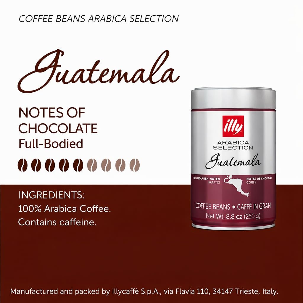 Illy Arabica Selection Guatemala Whole Bean Coffee 250g Tin, Premium 100% Arabica Beans with Chocolate Notes, Medium to Bold Roast Gourmet, Authentic Italian Coffee Beans for Espresso & Machines, By COUGAR – (Imported-UK)